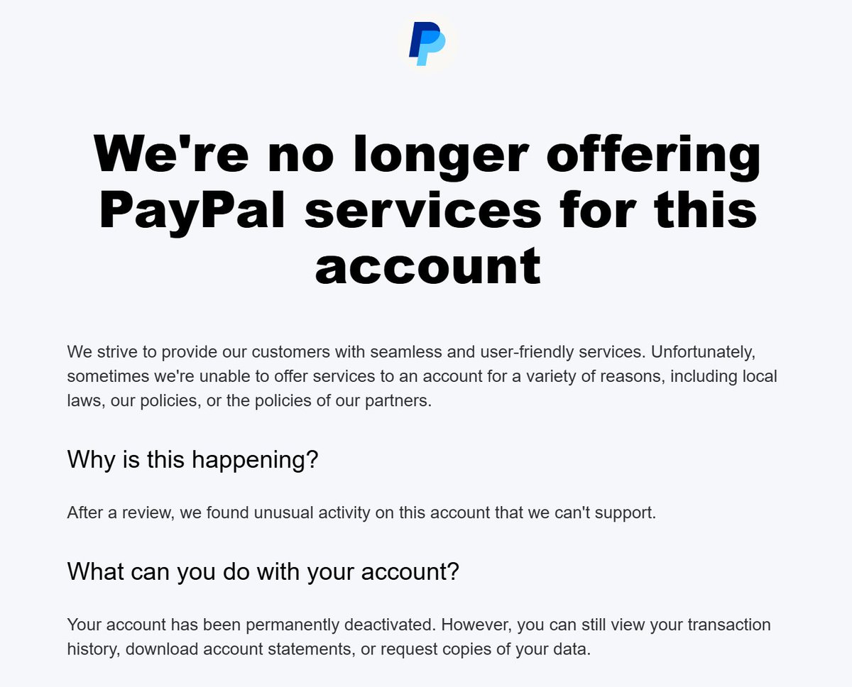 my paypal of 2.5 years got perm limited for unusual activity out of nowhere when I've just been grinding and getting paid for legit commission work, anyone knows how or if I can get my account back, if not then any paypal alternatives bc this is crazy work ☹️🙏 <a href="/PayPal/">PayPal</a> <a href="/AskPayPal/">Ask PayPal</a>
