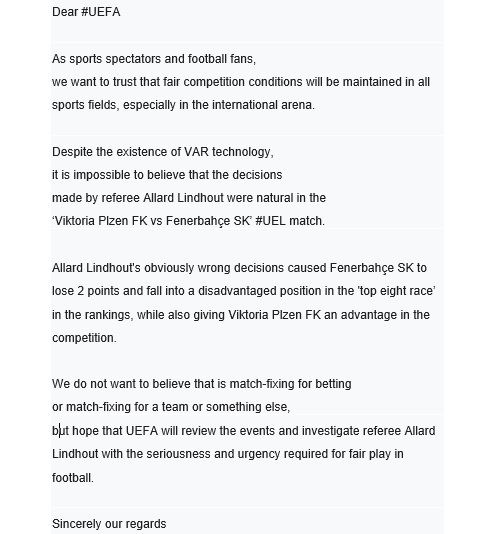 Dear <a href="/UEFA/">UEFA</a>
Allard Lindhout #UEFA <a href="/EuropaLeague/">UEFA Europa League</a> 
#ViktoriaPlzen #Fenerbahçe