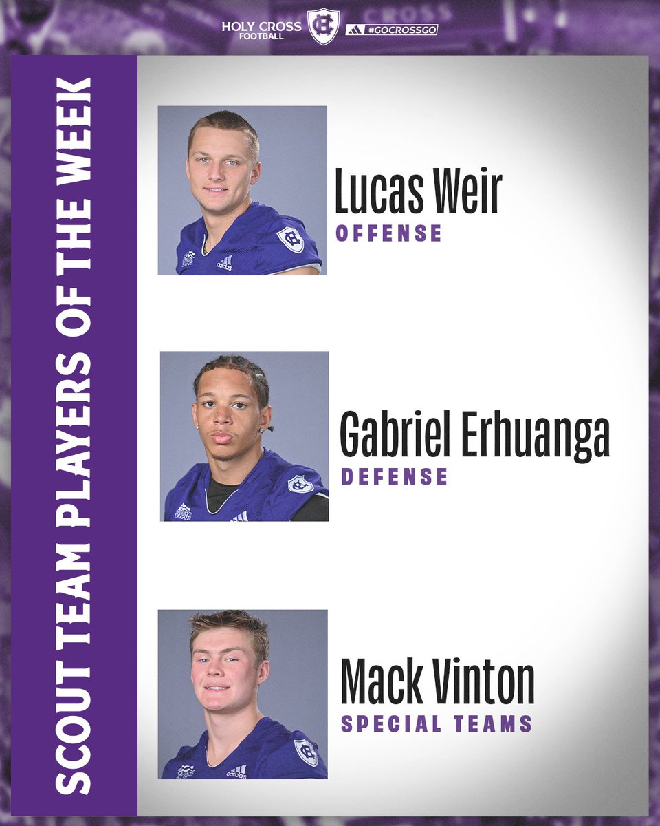 HCrossFB's tweet photo. Our Scout Team Players of the Week! 

@LucasWeir13
@GabrielErhuang4 
@MackVinton 

#GoCrossGo https://t.co/U1BGhdpmQi