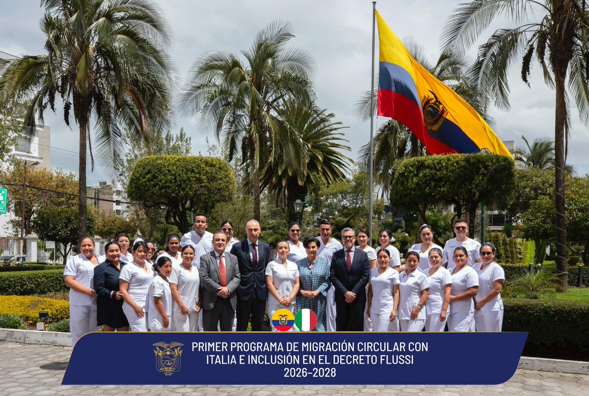 Cancillería presentó el Primer Programa de Migración Circular con Italia para profesionales en salud y anunció la inclusión del país en el Decreto Flussi 2026-2028, que ampliará el acceso de ecuatorianos a empleos formales en 🇮🇹 para varios sectores laborales.