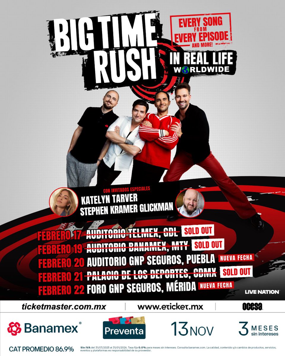 ocesa_pop's tweet photo. Big Time Rush también tendrá parada con IN REAL LIFE WORLDWIDE TOUR en Puebla y Mérida con Katelyn Tarver y Stephen Kramer Glickman como invitados especiales❤️🌎

#PreventaBanamex: 13 de noviembre.
Venta general a partir del 14 de noviembre. https://t.co/oTr3imedu9