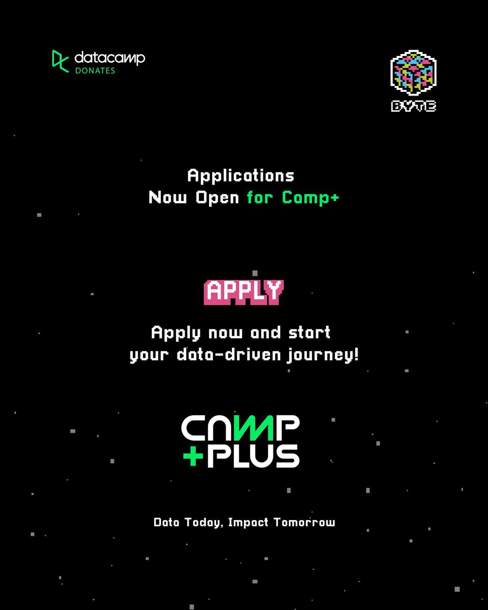 🚀 Applications Now Open for Camp+
Data Today, Impact Tomorrow

Are you a student, young professional, or aspiring data scientist from the MENA region eager to grow in Data and AI?

Camp+, by BYTE Organization in collaboration with DataCamp Donates, offers a free one-year