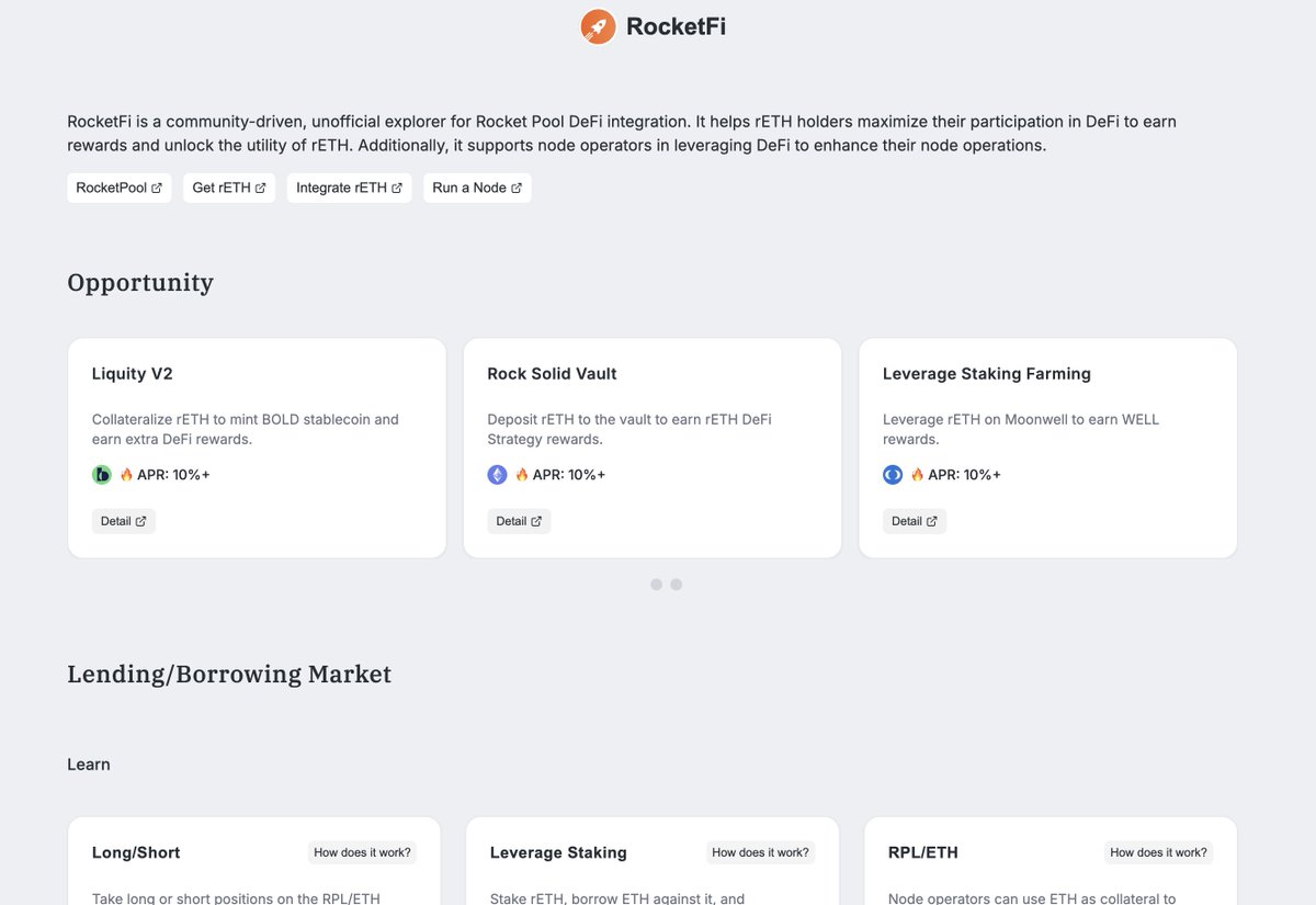 signalxu0x's tweet image. RocketFi just got an upgrade ⚡️

Data caching is improved, making everything more real-time.

Also added a new yield opportunity:  @rocksolidHQ  Vault.

Because the APR includes pending rewards, it’s best for long-term @Rocket_Pool $rETH holders — not ideal for short-term…