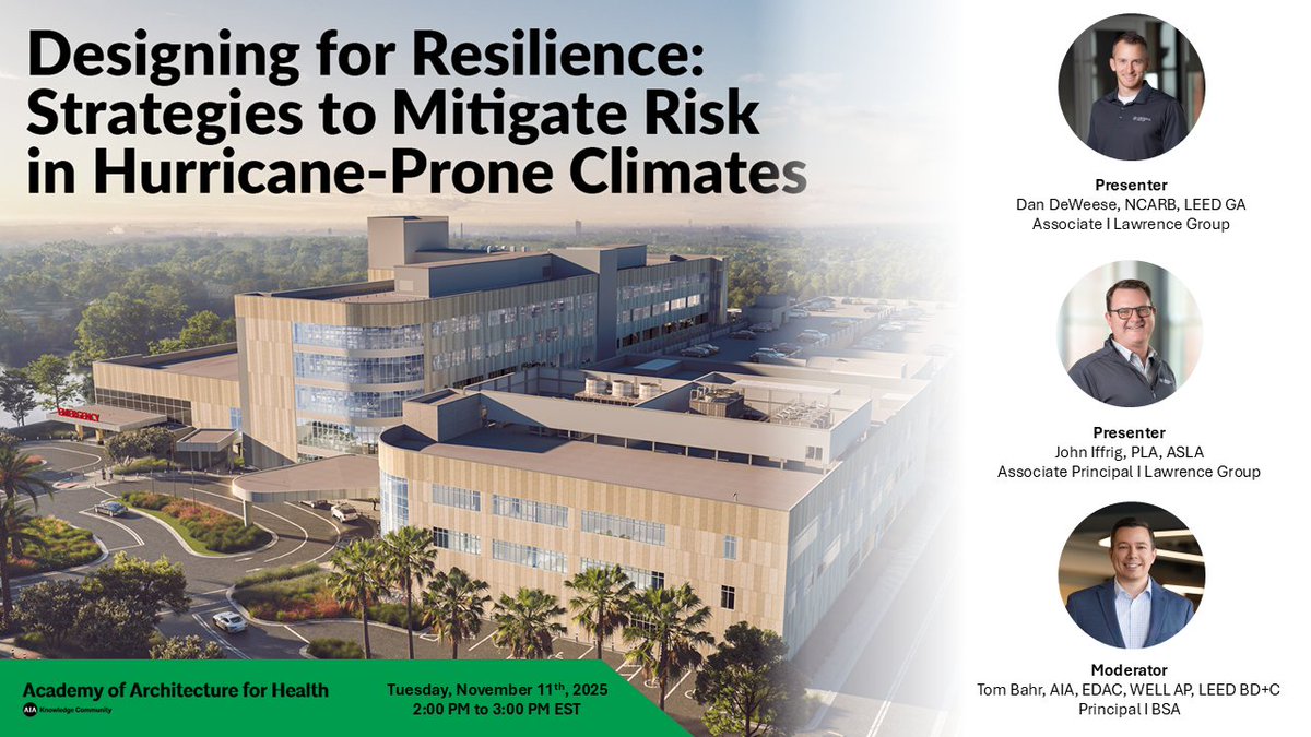 Examine how resilient design imperatives—such as elevated construction, hardened building envelopes and integrated emergency planning—are essential in safeguarding public health in vulnerable regions tomorrow, 11/11 at 2pm ET. tinyurl.com/4jvr8zm6