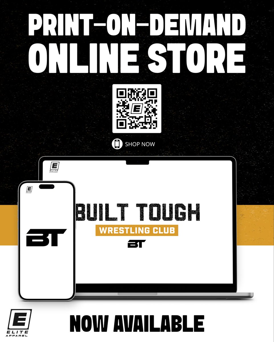 Built Tough Wrestling Club’s Print On Demand store is live. 40+ items, no order minimums, and no wait times. 

Ships in 1 to 2 weeks. 

DTG print for on-demand speed. Different than our Pop Up Stores but perfect for year-round gear.

Store Link: 
btwc-store.printify.me