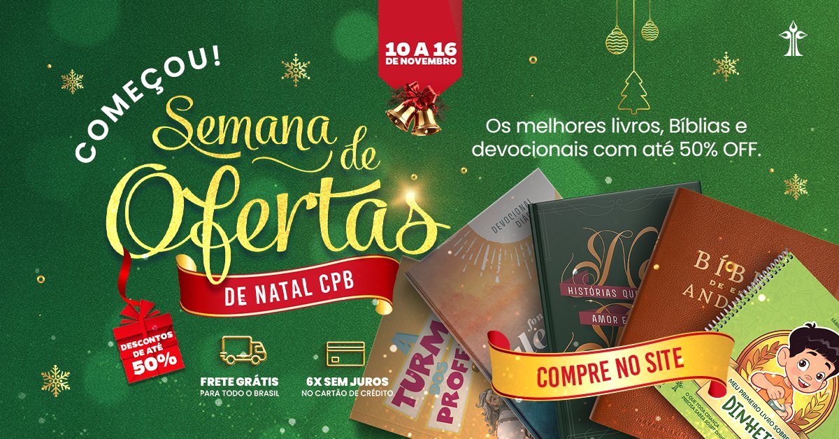 A promoção mais esperada do semestre chegou com tudo! De 10 a 16 de novembro, aproveite para garantir seus livros e produtos favoritos da CPB com descontos incríveis de até 50% OFF! Acesse agora mesmo: cpb.com.br #SemanaDeOfertasCPB