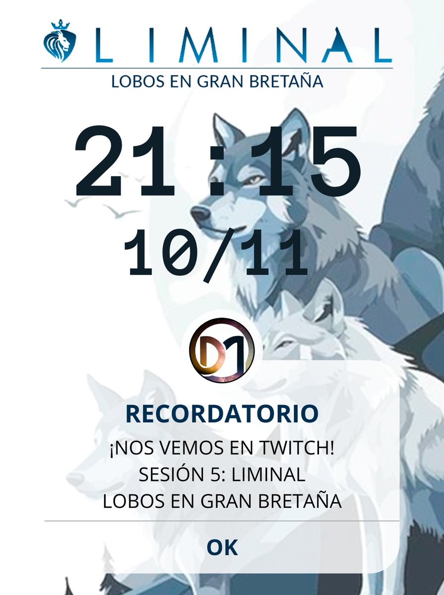 ¡¡Muy buenas, gentecita bonita!! 🤗

Esta noche, a las 21:15 🕘 nos vemos en Twitch con la sesión 5️⃣ de #Liminal 🐺 "Lobos en Gran Bretaña" de <a href="/TheHillsPress/">The Hills Press</a> 

Un día más, nos acompaña la mejor Targaryen <a href="/casi0pea/">Laura ❄️</a> 💜 ¿Encontraremos quién está detrás de todo? 😵‍💫

‼️Os esperamos‼️