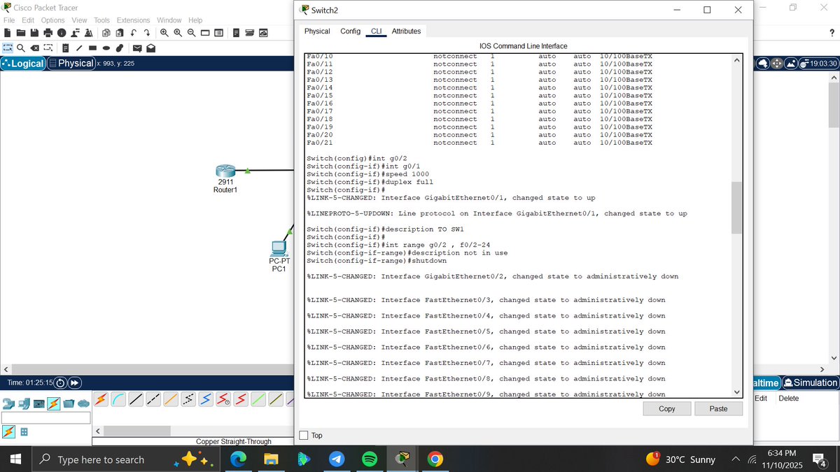 amyy_nwa's tweet image. Day 4/100#100DaysOfNetworking 
Today I configured switch &amp;amp; router interfaces with speed 1000 and full duplex for max performance.
Enabled ports, set descriptions, and verified link status. 
@segoslavia @ireteeh @TemitopeSobulo @OnijeC @sisinerdtweets @cyber_razz