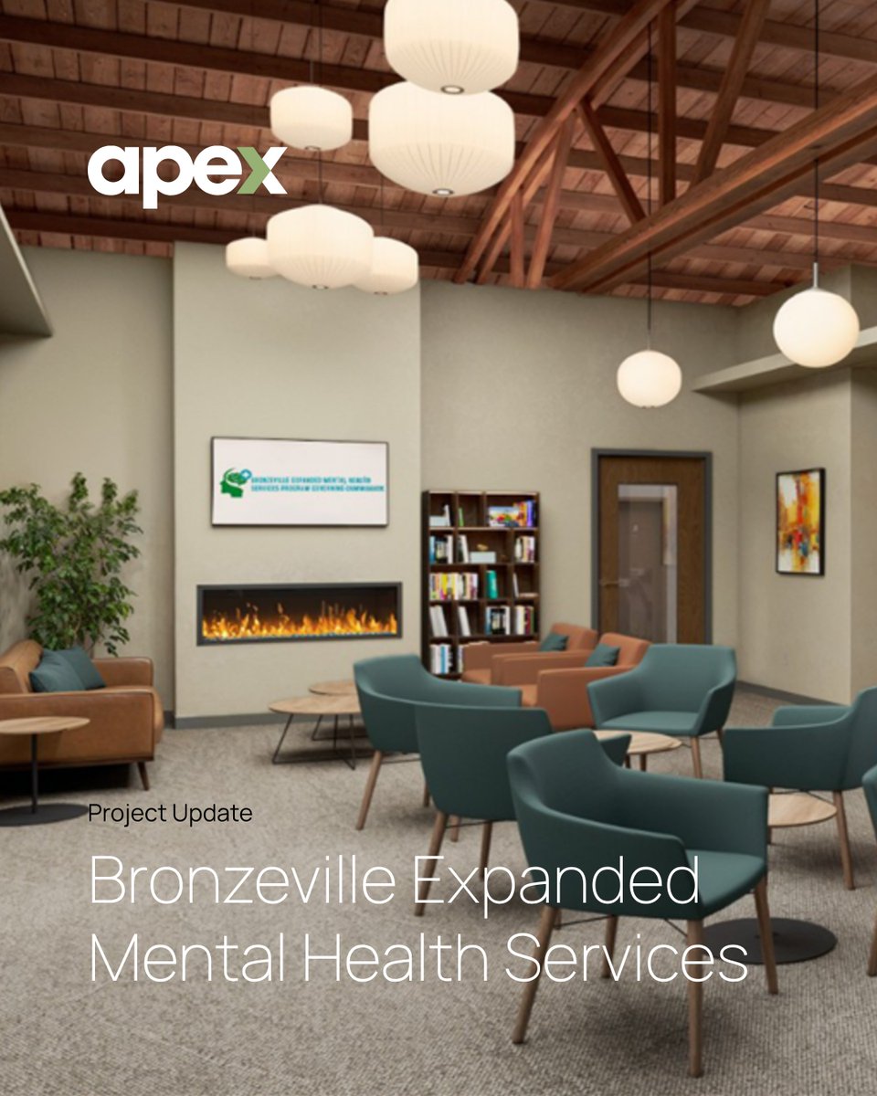 APEXDB's tweet image. We’re excited to see the Bronzeville Expanded Mental Health project come to life as it moves through construction! From the calming palette to the natural textures and warm lighting, every detail was crafted to promote a sense of peace and belonging for patients and staff alike.