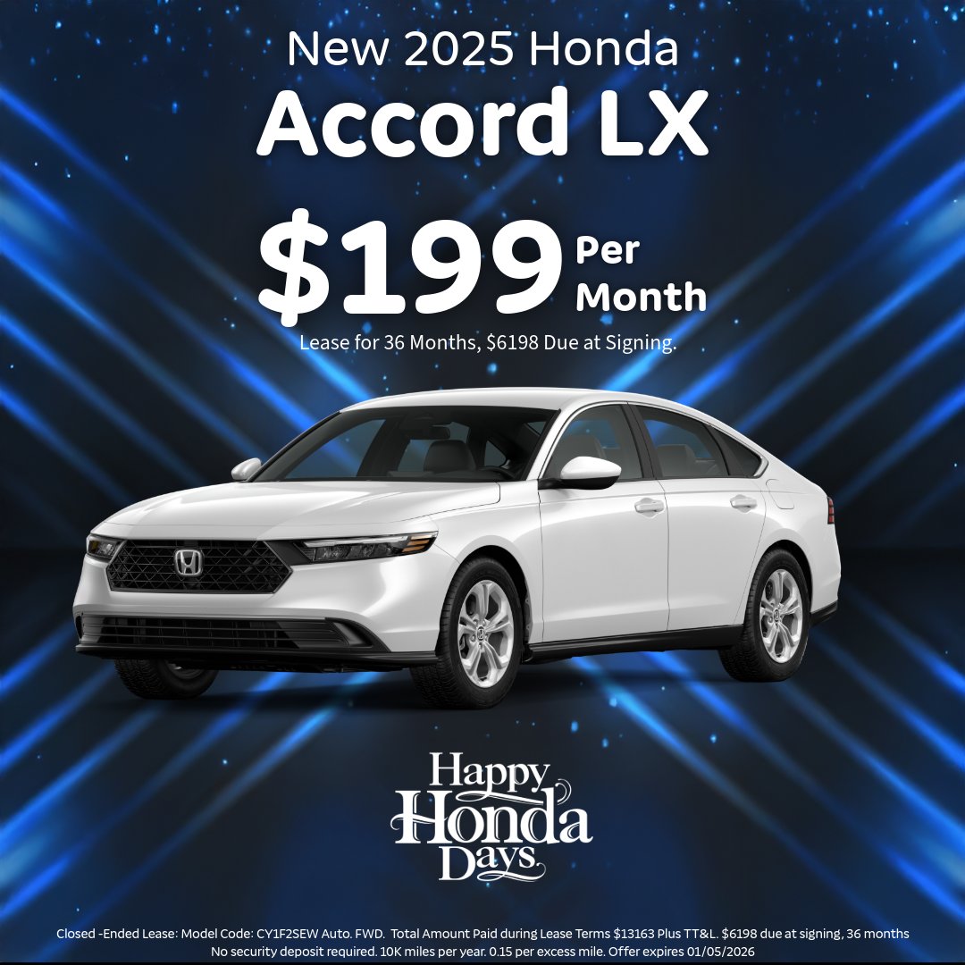 GillmanHondaHTX's tweet image. Lease the 2025 Honda Accord LX for only $199/month! 36 months of sleek style and smooth performance. Just $6,198 due at signing — don’t miss out! #HondaAccord #DriveHappy #Gillman #HondaAccord #happyhondadays