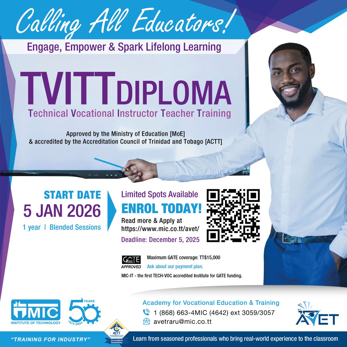 MIC_InstOfTech's tweet image. 🎓 Develop Your Teaching Skills!

The Technical Vocational Instructor Teacher Training (TVITT) Diploma is designed for educators and professionals who wish to enhance their ability to teach, train and guide others.  

👉 Read more &amp;amp; apply now: mic.co.tt/avet/#tvitt