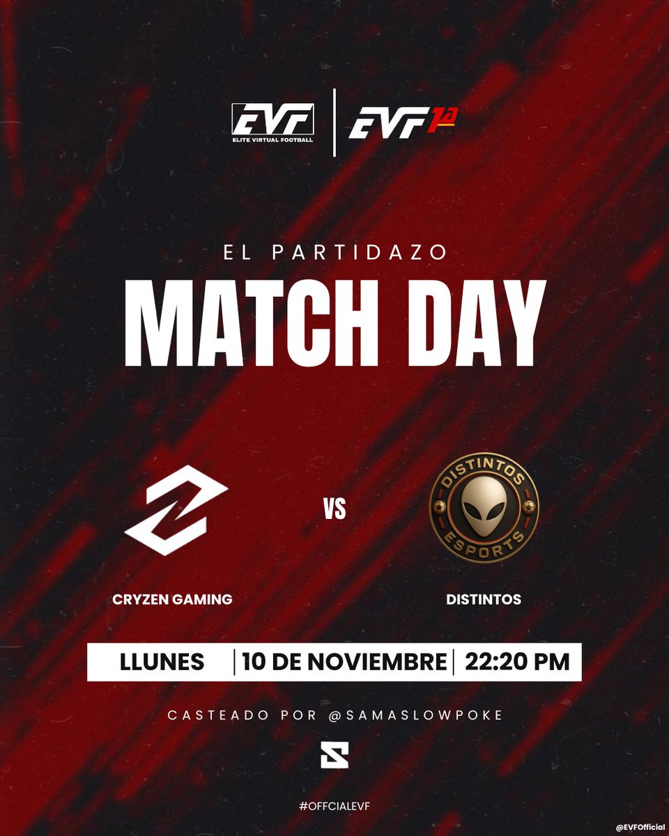 🎙 Esta noche en EVF

Vivimos una nueva retransmisión con un gran encuentro en el día de hoy 

<a href="/CryZeNGaming/">CryZeN</a> 🆚 <a href="/losdistintoses/">Los Distintos eSports</a> 

Prepárate para ver toda la emoción del fútbol virtual, con narración en directo y las mejores jugadas con <a href="/SamaSlowpoke/">SlowpokeSama</a> 

📺twitch.com/slowpokesama