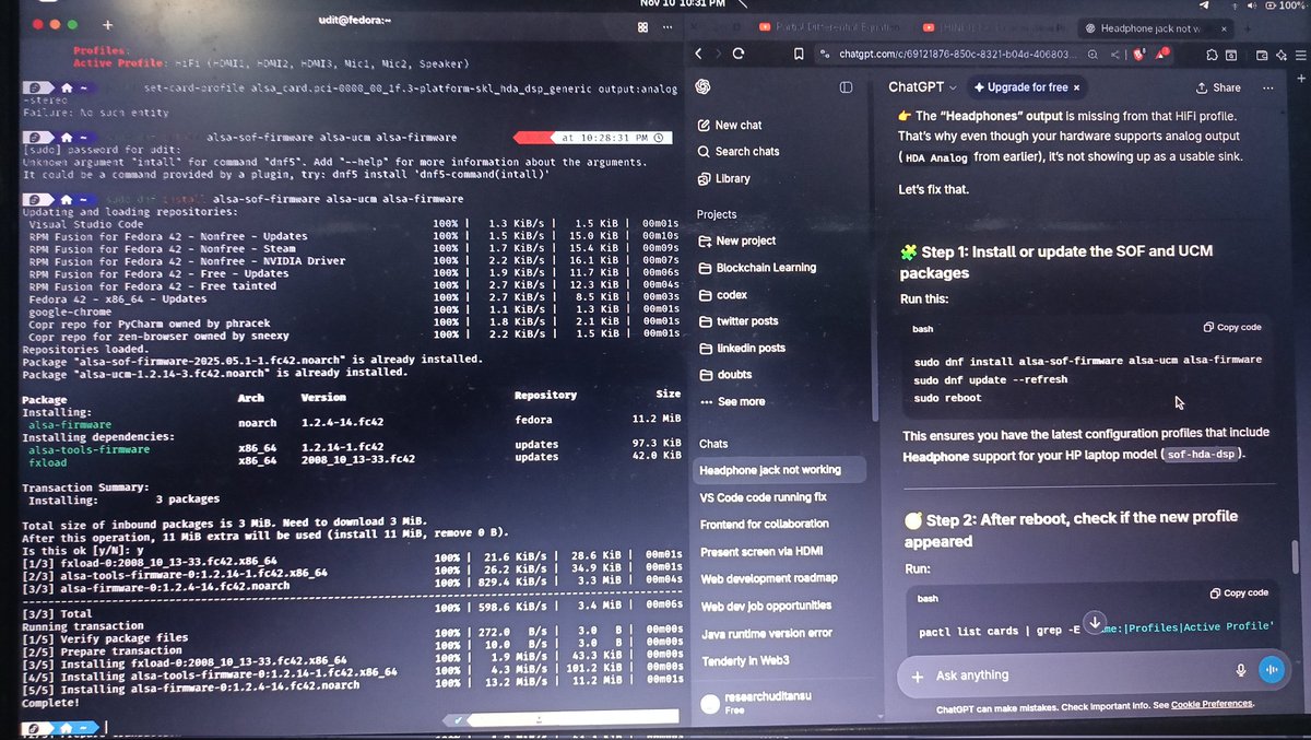udit_twt's tweet image. Using Chatgpt to make my laptop&apos;s headphone jack work. Since the day I have installed fedora, my headphone jack has gone rogue. 

Doing so much because planning to buy an IEM. 
#linuxcommandline