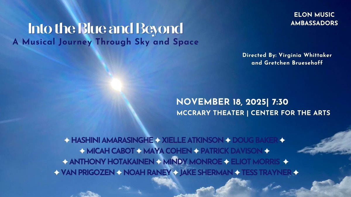 🔥Elon Music Ambassadors: Into the Blue and Beyond

📍McCrary Theatre | Center for the Arts
🗓November 18
⏰7:30 PM

Come enjoy the music!