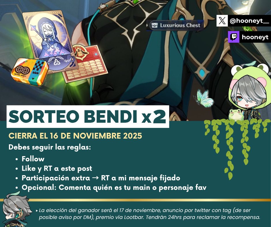 hooneyt__'s tweet image. SORTEOOOOO
En conmemoración por la apertura de mi tiendita en lootbar, he decidido abrir otro sorteo de bendis del gacha de hoyoverse que prefieran 🐸 (o alguno de precio similar xdd)
Detalles en la imagen, leer bien porque no habrá excepciones, resultados 17 de noviembre.