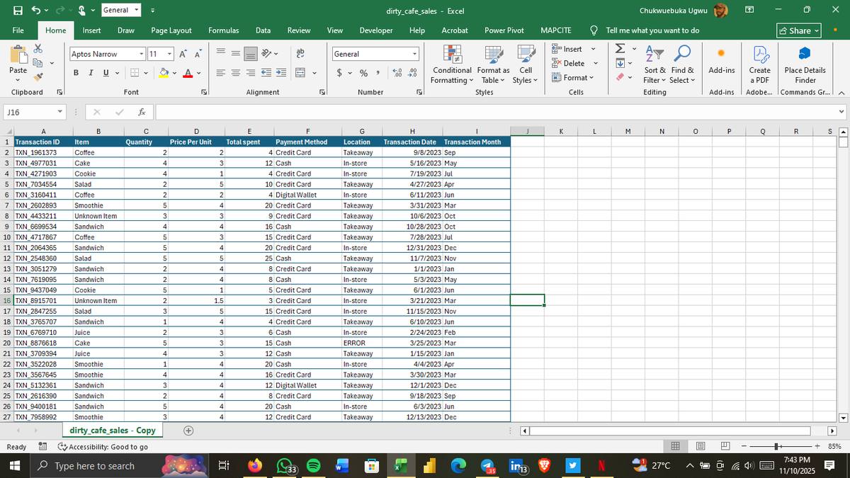 amDataa's tweet photo. In Week 3 at #Excel101 with @ObohX was all about creating dashboards that tell a story.
I learnt how to clean large datasets using nested logical formulas like IF, OR, and ISBLANK, and prepare them for analysis. We also learnt about descriptive statistics; how they are the vital signs of data, as they give a fast and objective summary of the whole dataset.
We used pivot tables, charts, and slicers to build an interactive dashboard that shows total sales, top-selling items, and revenue by location and payment method.
@ObohX also showed how design matters, using clean formatting, color themes, and simple wireframes to make dashboards both insightful and beautiful.
In conclusion, he taught us that when reporting our data, it must communicate clear insights and help decision-makers act fast.
#datafam #Excel