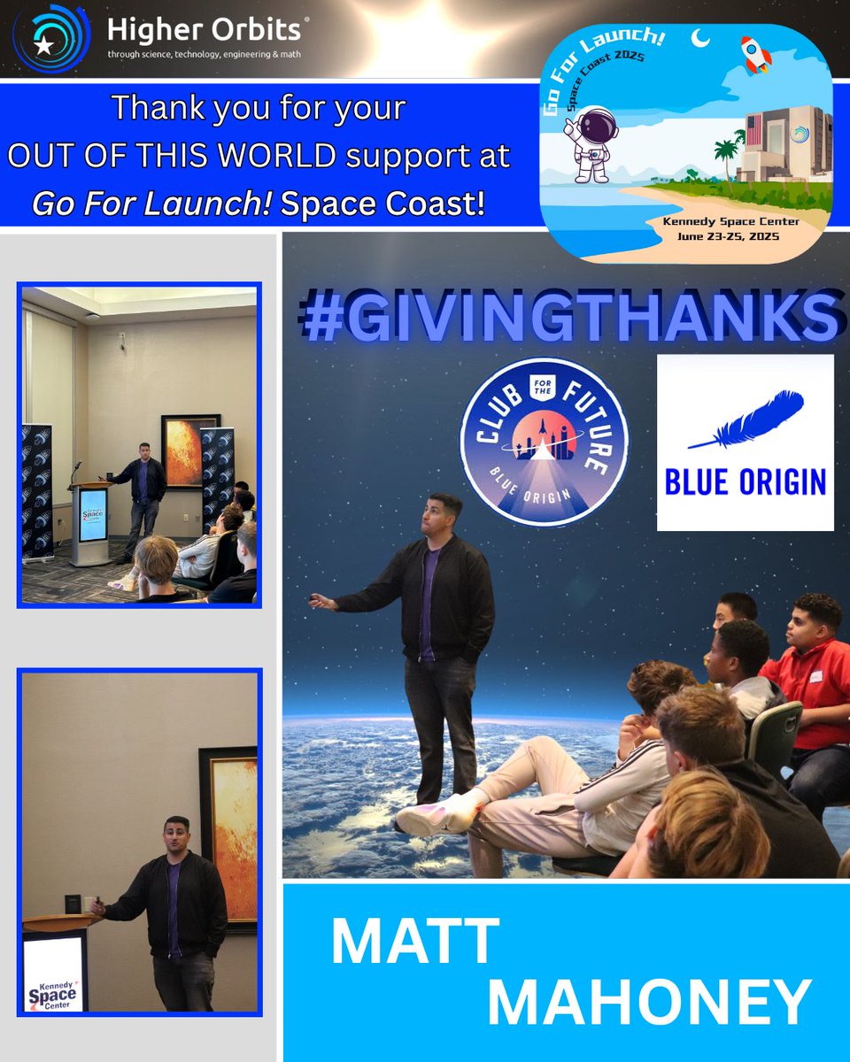 HigherOrbits's tweet image. Shoutout to Matt Mahoney for going above and beyond at Go For Launch! Space Coast! From giving an inspiring talk to volunteering the whole event, your support was light-years appreciated.

#SpaceInspires #STEM #GoForLaunch @blueorigin @clubforfuture #GivingThanks #GiveThanks