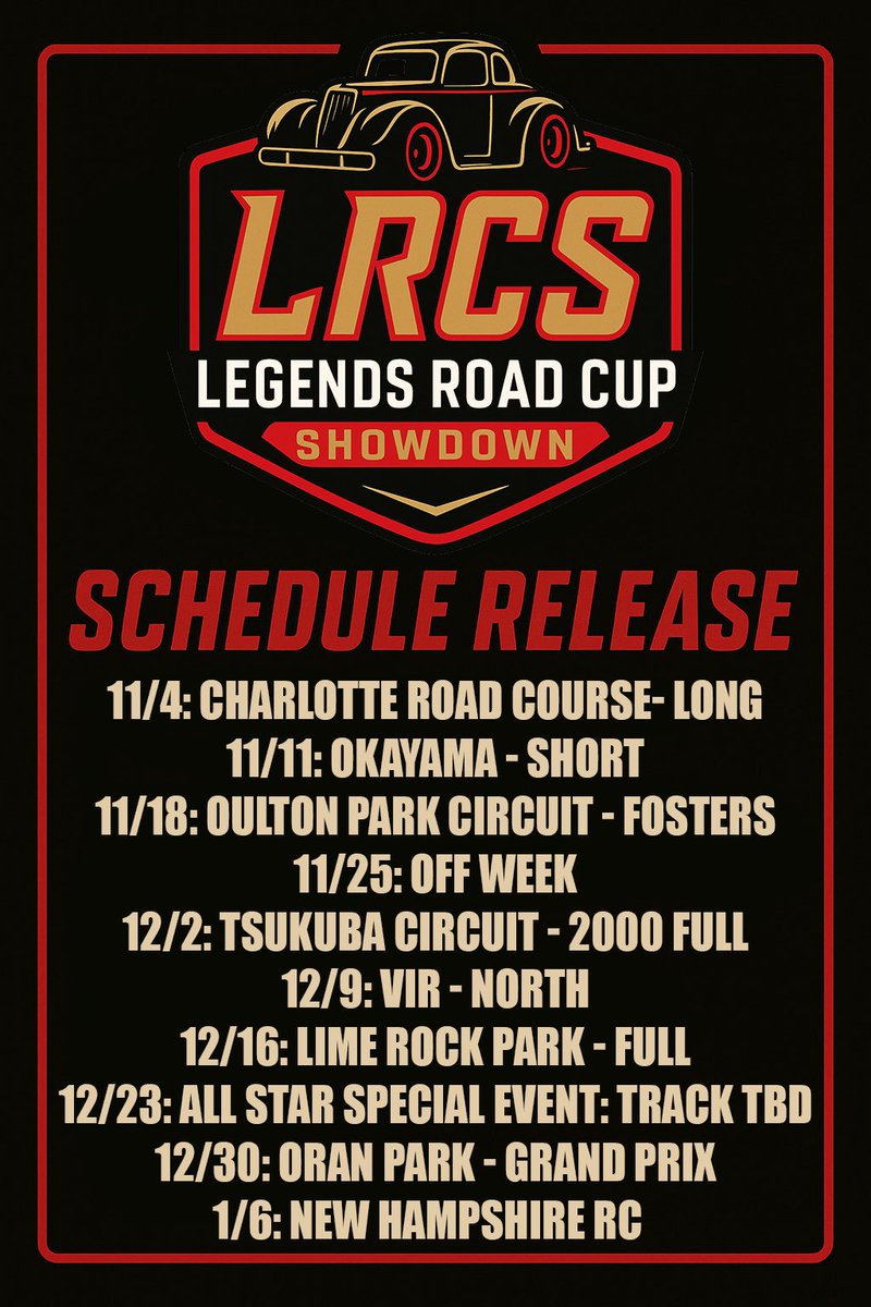 The finalized schedule is now out for the LRCS

Don’t miss out and get registered before race 2 tomorrow night! One drop week will also be in use

Join the discord in the comments below

#LRCS