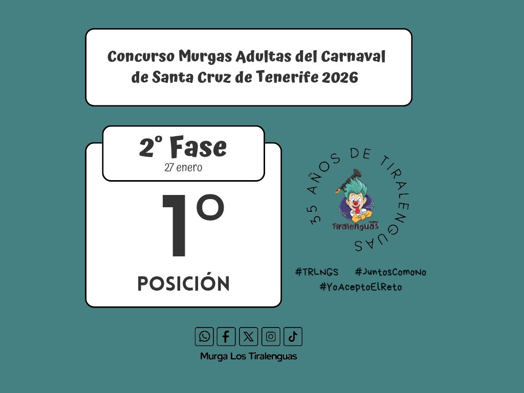 Nos vemos el 27 de enero 📅✨ 

🔹Primeros de la Segunda Fase 🎺

🖊️ Apunten, ya conocemos el orden de actuación del Concurso de Murgas Adultas de Santa Cruz de Tenerife 2026. 

#TRLNGS #TRLNGS26 #JuntosComoNo #YoAceptoElReto