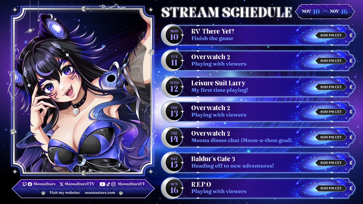 Stream schedule! Nov 10 - Nov 16
I hope to see you in my streams this week! Lurkers are also appreciated and welcome✨
Twitch.tv/moonastars