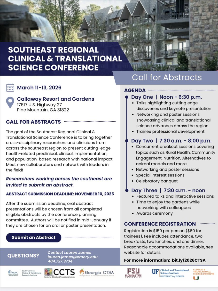 Georgia_CTSA's tweet image. 🚨Reminder: Abstracts due TODAY Nov. 10! Southeast Regional Clinical &amp;amp; #TranslationalScience Conference at Callaway Resort &amp;amp; Gardens, March 11–13.#GeorgiaCTSA2026 #CTSAProgram

➡️Submission form: docs.google.com/forms/d/e/1FAI…
✅Call for Abstracts: georgiactsa.org/_includes/docu…