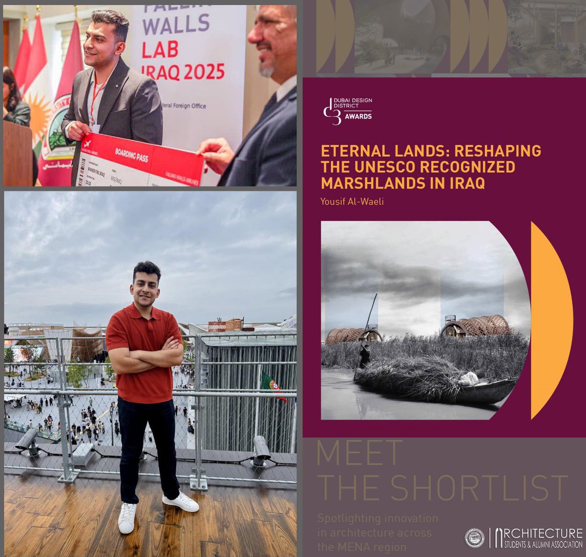 Architecture_Ub's tweet photo. Look at #Yousif_Hani 🇮🇶 — our talented graduate whose project “Eternal Lands: Reshaping the UNESCO Recognized Marshlands in Iraq” is shortlisted for the #d3Awards by @d3Dubai!

Showcased at #DubaiDesignWeek on Nov 4 — celebrating creativity, heritage & innovation. 🌿✨
#Design #Architecture #Iraq