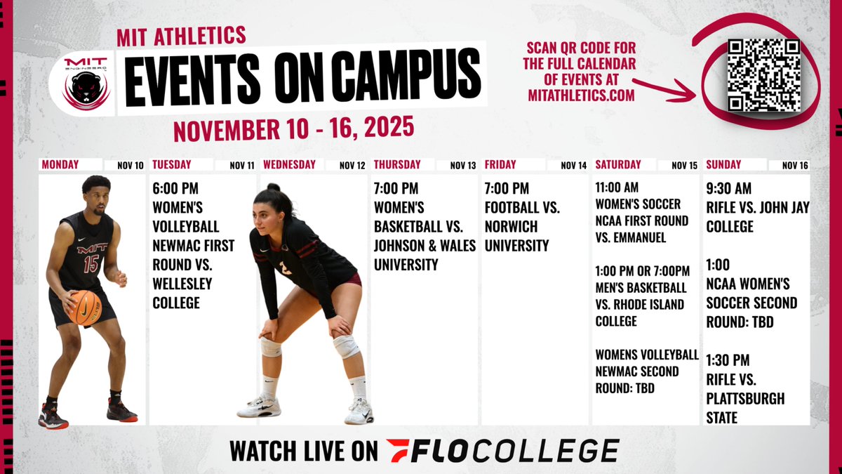 MITAthletics's tweet image. 📅 Events on Campus | November 10 - 16, 2025

For a full calendar of games and events, visit: mitathletics.com/calendar

@MITevents|@MITstudents|@FloCollege