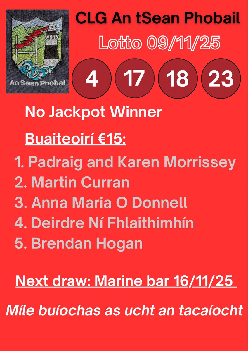 Lotto - 09/11/25
Torthaí Lotto na hoíche aréir: 4, 17, 18, 23.
Ní raibh aon bhuaiteoir ar Jackpot na seachtaine seo. 
Míle buíochas as ucht bhur dtacaíocht.