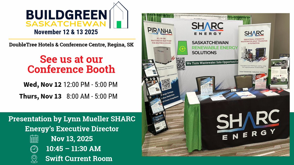 We’re thrilled to share that <a href="/SHARCenergy/">SHARC Energy</a>, in collab with <a href="/saskrenewables/">Saskatchewan Renewable Energy Solutions</a>, is attending the BuildGreen Saskatchewan Conference this week in Regina 

Come visit us at our booth to learn how #WastewaterEnergy is revolutionizing building decarbonization.

#BuildSask #BuildGreen