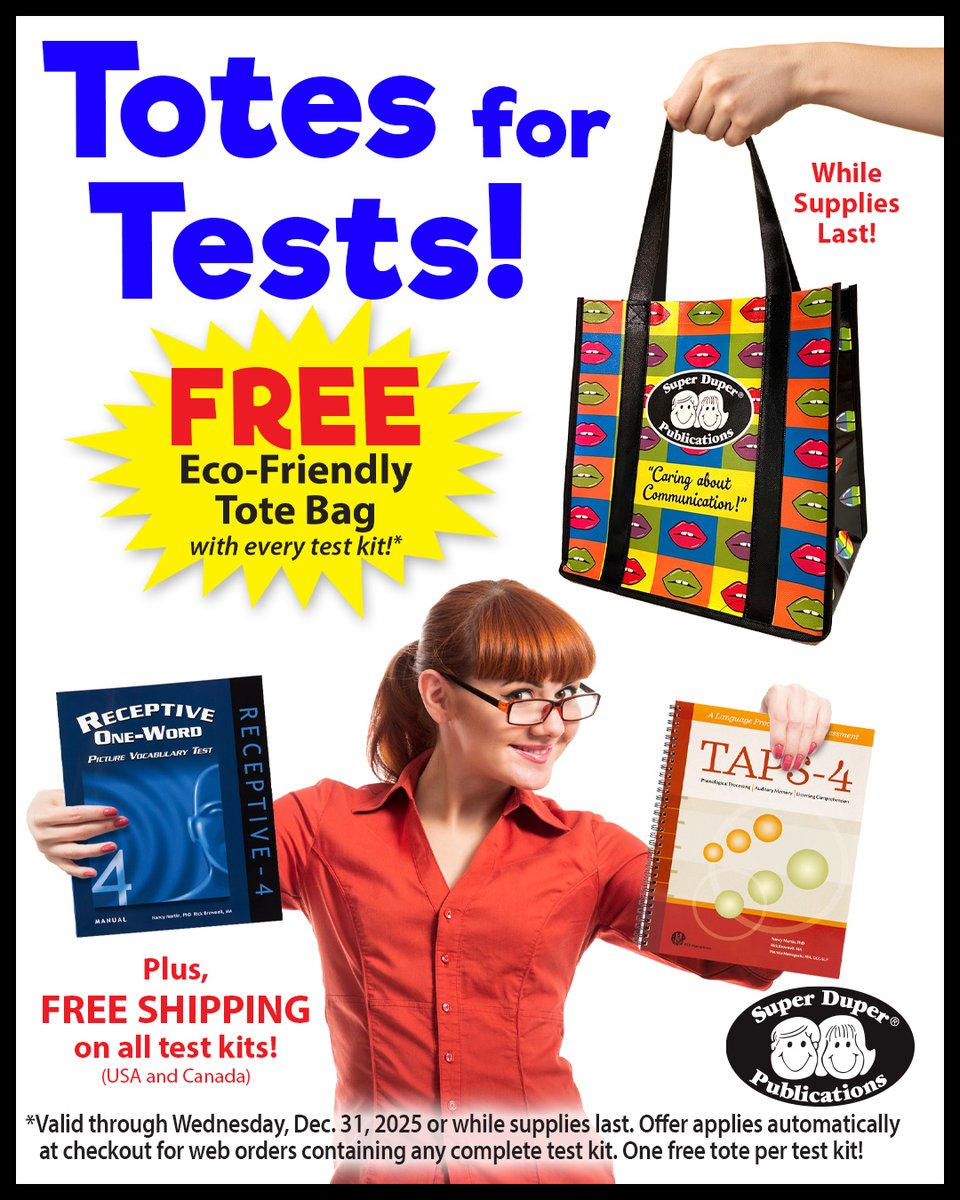 🚚Enjoy free shipping, price match guarantees on all distributed assessments and a bonus free eco-friendly tote bag with every test kit! 🔗Tap bt.sdpubs.com/3ZUcluu for tests that cover developmental skills in communication, cognition, motor, and social-emotional growth.🧠📈