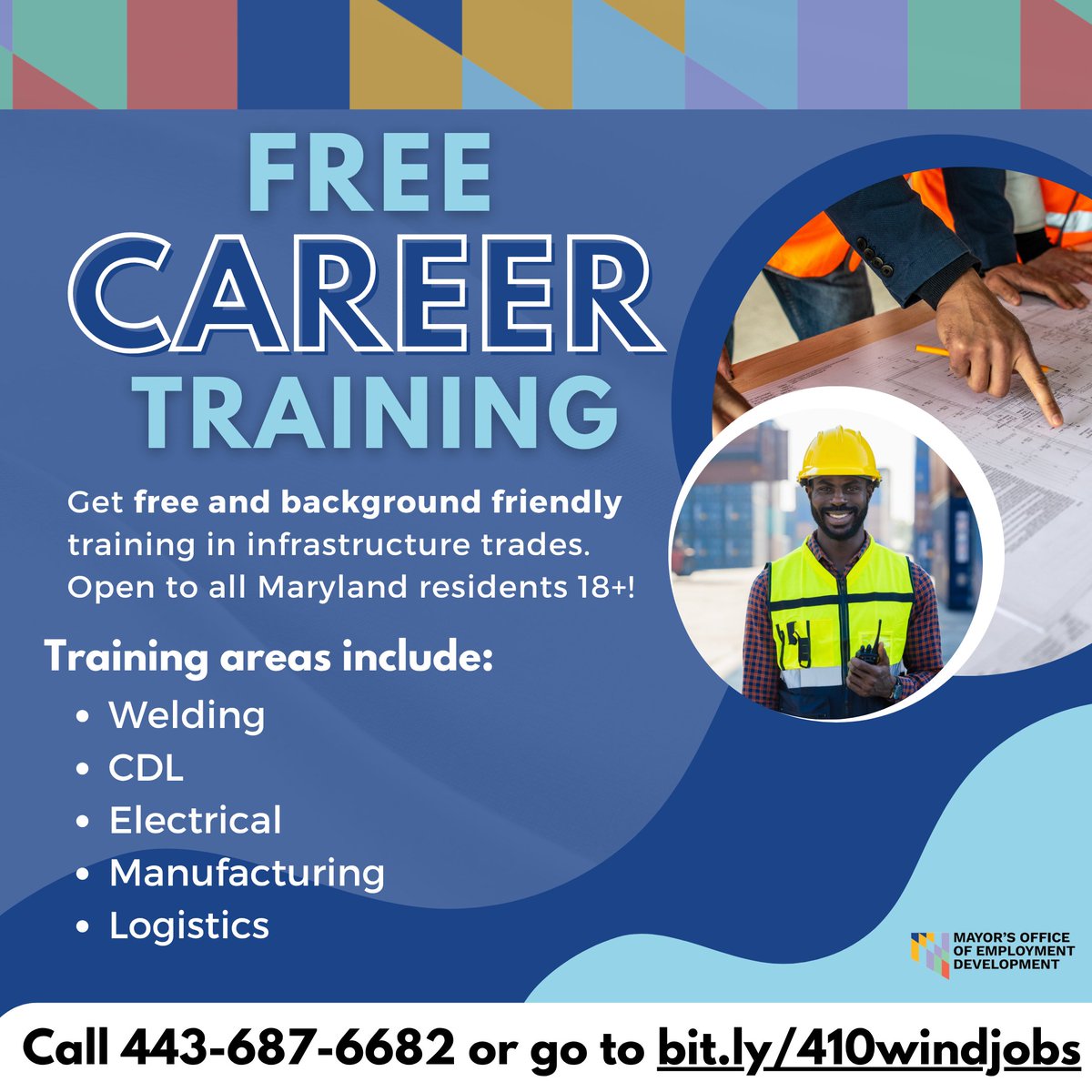 FREE CAREER TRAINiNG in welding, manufacturing, logistics, and more! 🙌🏽🔥🤩
￼
This opportunity is open to ALL Maryland residents 18 and older and is background-friendly! Fill out an interest form here ➡️ bit.ly/410windjobs

Have questions? Call 443-667-6682
