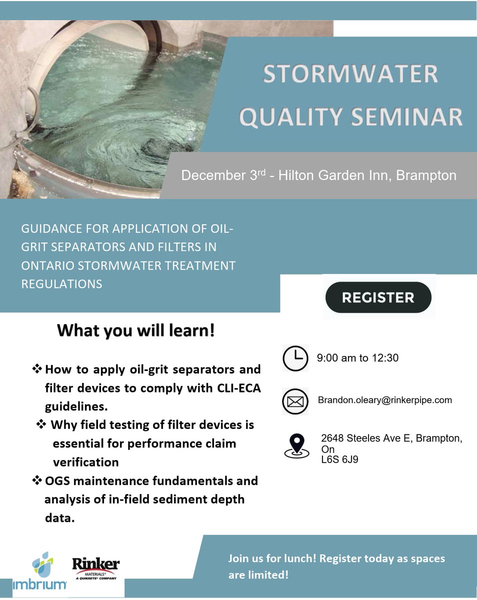 ImbriumSystems's tweet photo. Imbrium Systems is excited to announce that we will be hosting a Stormwater Quality Seminar on December 3rd in Brampton at the Hilton Garden Inn. Learn about regulations, network with colleagues, and enjoy lunch with us. To Register email: Brandon.Oleary@Rinkerpipe.com
#Imbrium https://t.co/uUI9ipU9zK