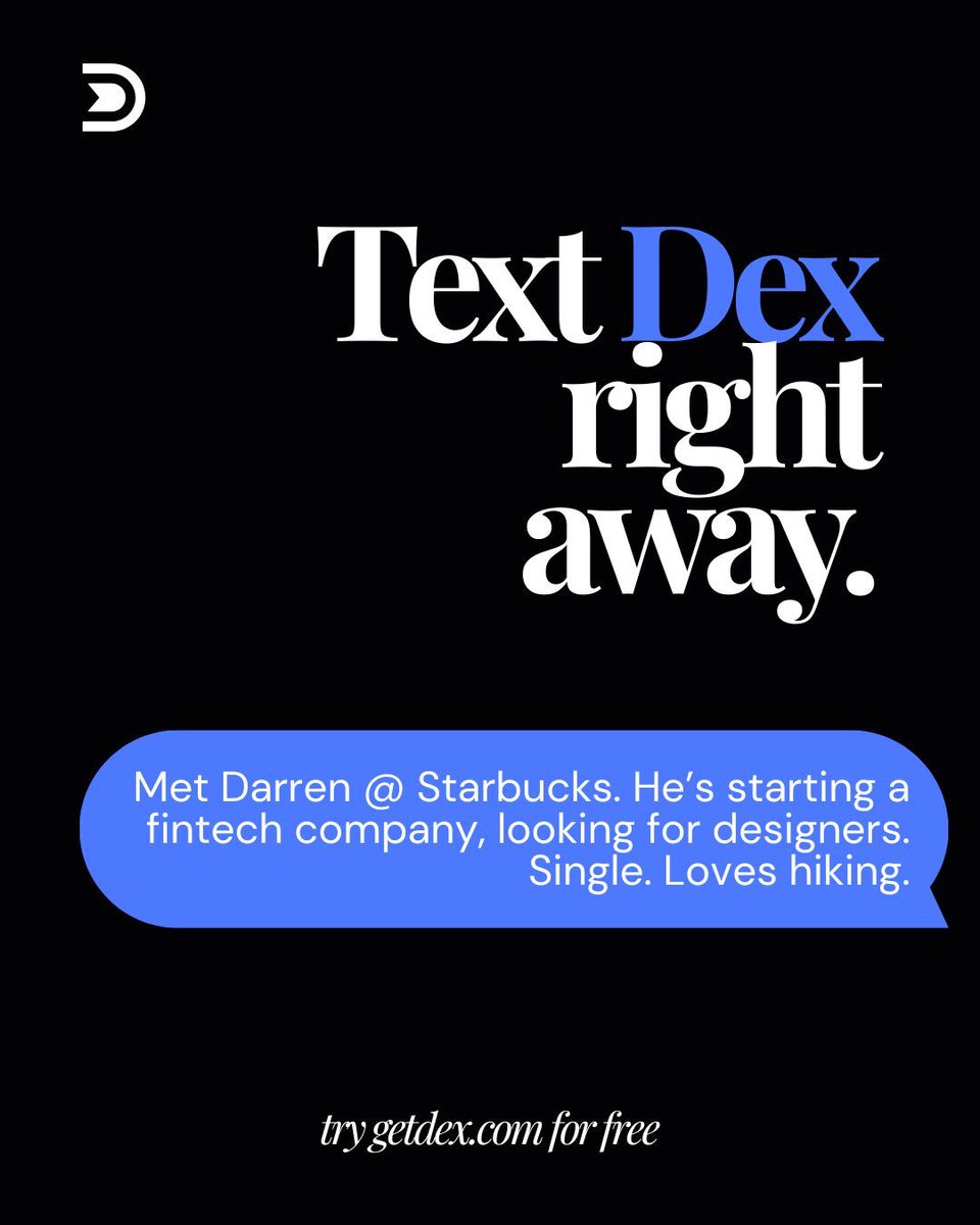 dexprm's tweet image. Text Dex like you’d text a friend. Log notes, set reminders, and stay connected. 

Here&apos;s how: 

1️⃣ Verify your phone number on Dex
2️⃣ Save Dex’s number
3️⃣ Start texting 

Your personal CRM, right in your messages.