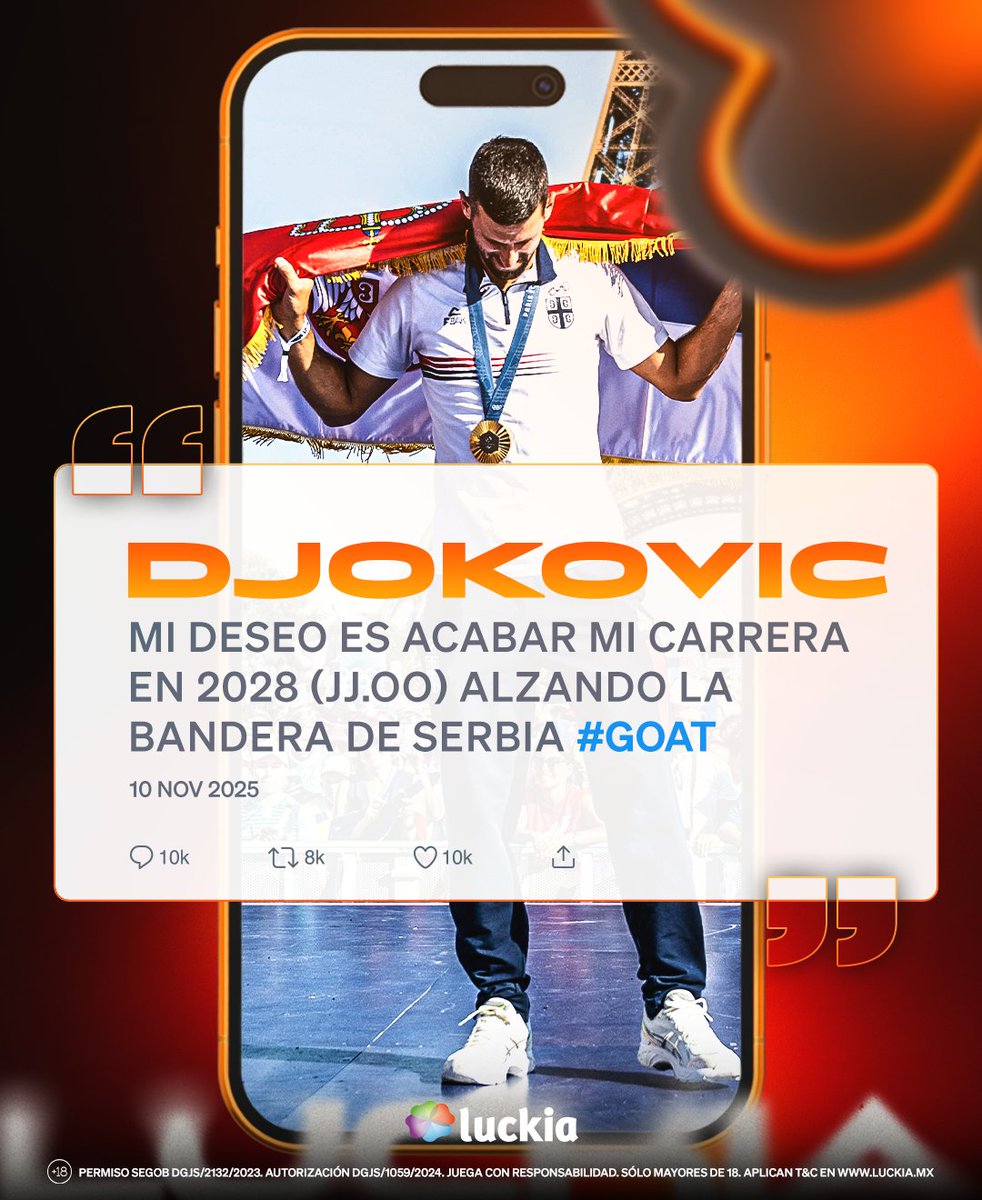 LuckiaMexico's tweet photo. ¡Quiere seguir el GOAT!🐐

🥇Djokovic ya logró todo lo que se puede ganar en el tenis profesional, lo último que le quedaba era el oro olímpico.

🇷🇸Para terminar su carrera dorada, quiere representar a Serbia en Los Angeles 2028.

¿Qué logrará en los últimos años?🤔

#Djokovic https://t.co/tV7OwvccbA