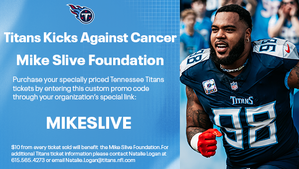 mikeslivefdn's tweet photo. 🏈 Support the @MikeSliveFdn during @Titans Kicks Against Cancer!
Get up to $25 off tickets for Titans vs Texans (Sun Nov 16 | 12 PM) using code MIKESLIVE - $10 per ticket supports the fight to end prostate cancer.
#Titans #KicksAgainstCancer #EndProstateCancer https://t.co/3tAEGqgiPN