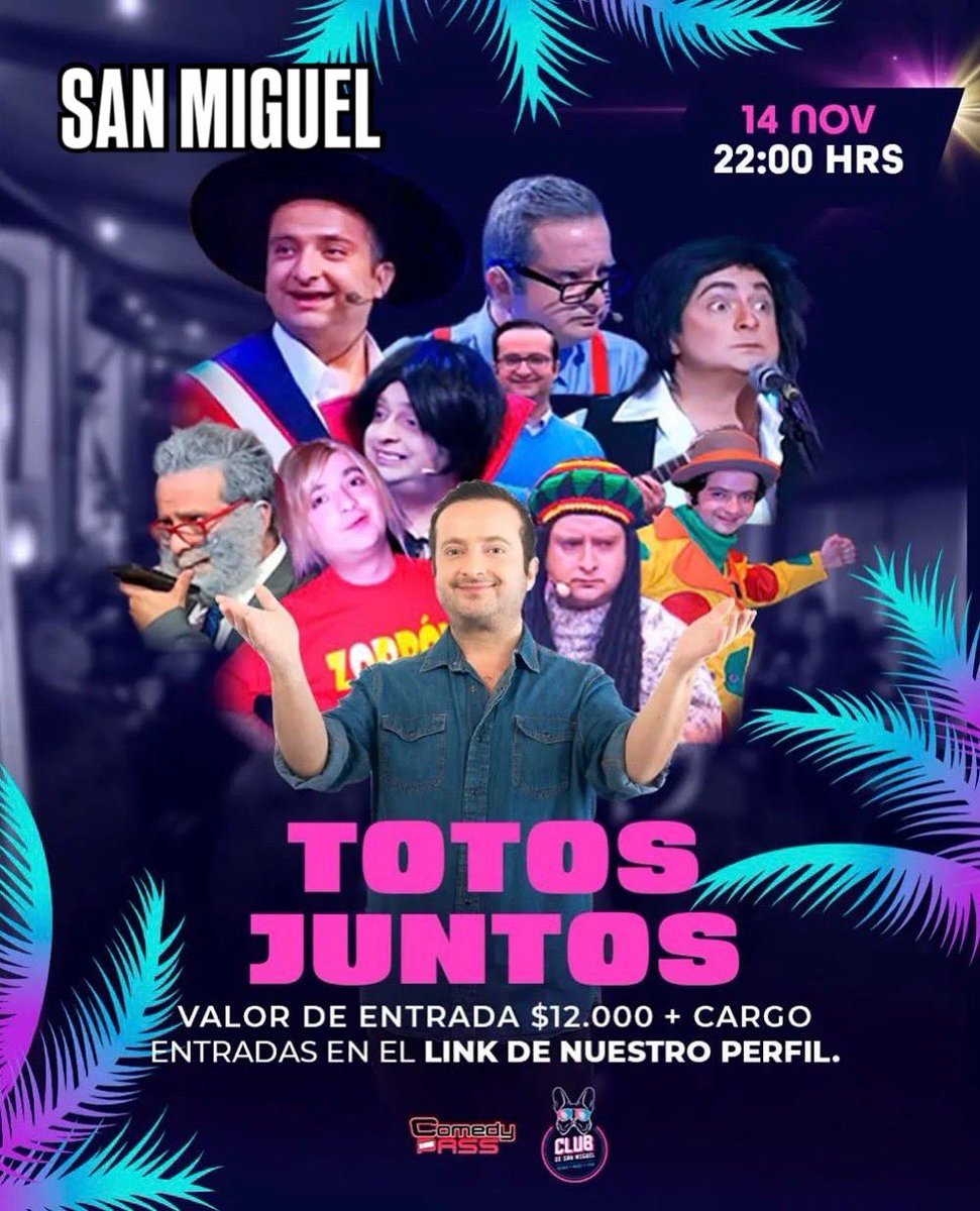 ToToAcToR's tweet image. Por primera vez en PUNTA ARENAS! TOTOS JUNTOS!! Éste sábado 15 en Casino Dreams. Y el viernes 14 en Santiago, San Miguel, en el Club de San Miguel 22:00 hrs. Entradas en Comedy Pass. Pasemos un buen rato!! Lo merecemos!!