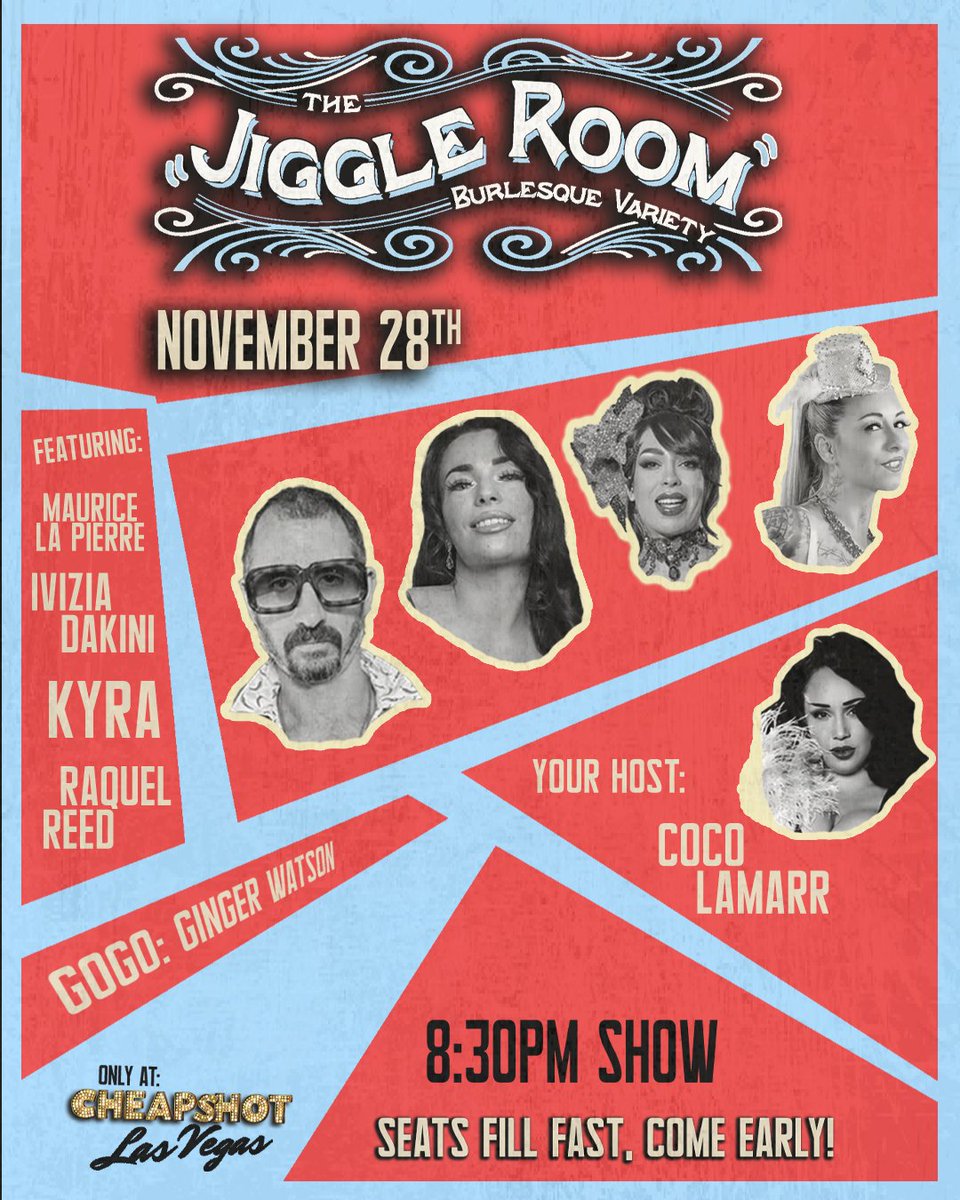 Step into The @JiggleRoom 💃✨

A sultry Burlesque Variety show created by @RaquelReedxo and hosted by the glamorous <a href="/xococolamarr/">Coco Lamarr 💋</a>.

📅 Friday, November 28
⏰ 8:30 PM Show
📍 Cheapshot in Downtown Las Vegas
🎟️  Cheapshotdtlv.com