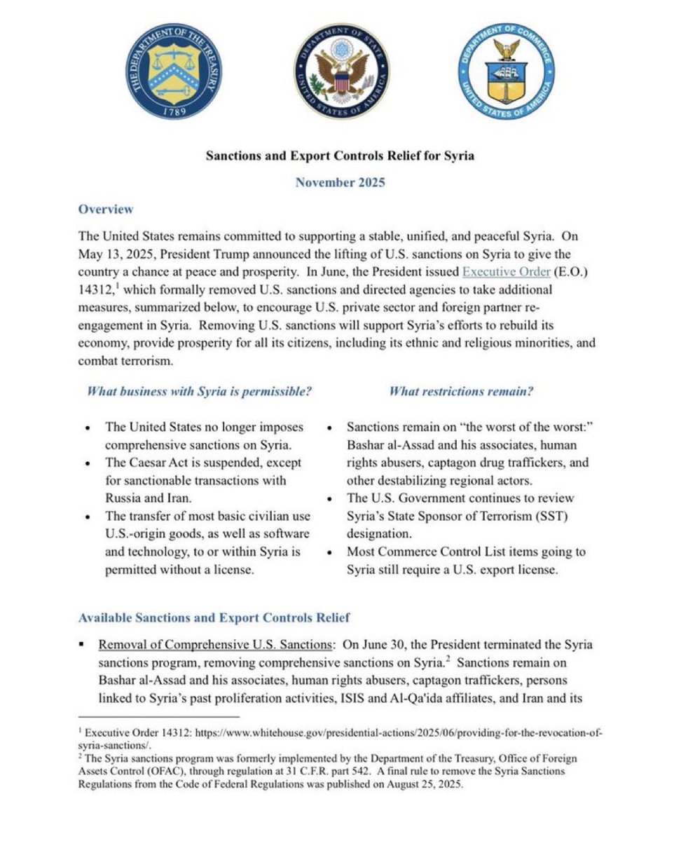 صدر اليوم عن وزارة الخزانة الأمريكية قراراً يحدد نقاط جديدة للمعاملات  التبادلية مع #سوريا أهمها : 
- الولايات المتحدة لم تعد تفرض عقوبات شاملة على سوريا.
- تم تعليق قانون قيصر، باستثناء المعاملات الخاضعة للعقوبات التي تشمل روسيا وإيران.
- يُسمح بنقل معظم السلع الأمريكية ذات