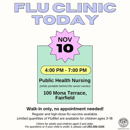 Don’t miss the flu clinic TODAY from 4:00 – 7:00 PM at the Public Health Nursing Office located at 100 Mona Terrace in the white portable behind the Senior Center!