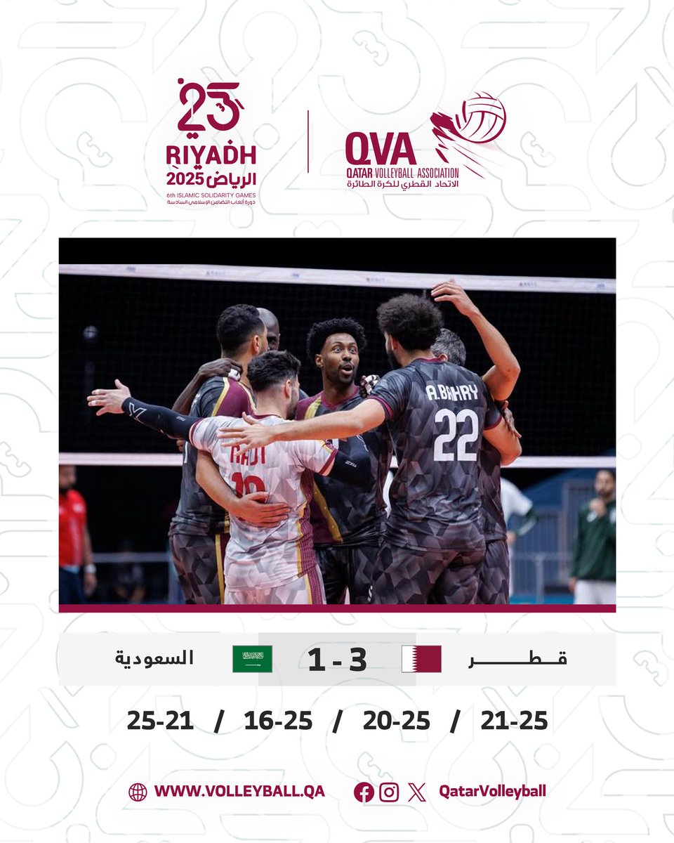 منتخبنا الوطني يتغلّب على شقيقه المنتخب السعودي بنتيجة 3–1
ضمن منافسات دورة ألعاب التضامن الإسلامي – الرياض 2025
الأشواط:
25–21، 16–25، 20–25، 21–25

#قطر #كرة_الطائرة #عنابي_الطائرة #QatarVolleyball #TeamQatar #الرياض2025