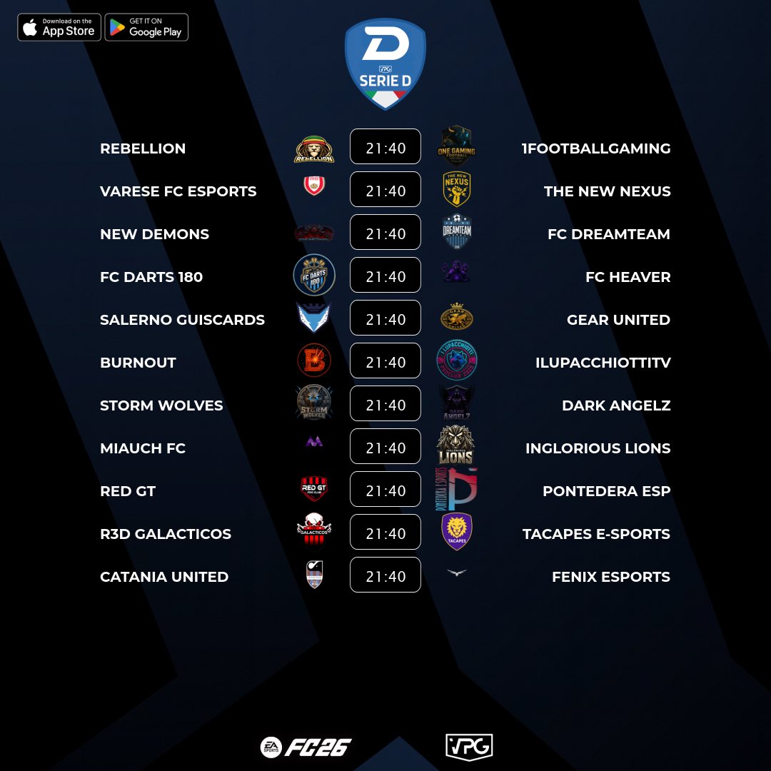 🇮🇹 <a href="/VPGItaly/">Virtual Pro Gaming Italy 🇮🇹</a> Serie D3
⚽️ Match #10
🗓️ 10/11/2025 - 22:40
🖥️ virtualprogaming.com/community/VPG-…

➡️ <a href="/FCRebellionn/">Rebellionn</a> 🆚 <a href="/1FootballGaming/">One Gaming Football</a>
➡️ <a href="/VareseFCeSports/">Varese FC Esports</a> 🆚 <a href="/Th3N3wN3xus/">TheNewNexus</a>
➡️ <a href="/NEWDEMONSX1/">Salvo Cassata</a> 🆚 <a href="/FC_DreamTeam_/">FC DREAMTEAM</a>
➡️ <a href="/FcDarts180/">Fc Darts180</a> 🆚 #FCHEAVER
➡️ <a href="/SAguiscards/">Salerno Guiscards eSports</a> 🆚 <a href="/gearunited/">GEAR UNITED</a>
➡️ <a href="/_TeamBurnout/">BURNOUT</a> 🆚