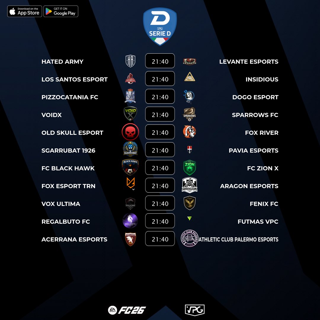 🇮🇹 <a href="/VPGItaly/">Virtual Pro Gaming Italy 🇮🇹</a> Serie D2
⚽️ Match #10
🗓️ 10/11/2025 – 22:40
🖥️ virtualprogaming.com/community/VPG-…

➡️ <a href="/HatedArmy/">HatedArmyProClub</a> 🆚 #LEVANTEESPORTS
➡️ <a href="/los_santos_e/">los_santos_esport_</a> 🆚 <a href="/INSIDIOUS_FC/">INSIDIOUS</a>
➡️ <a href="/PizzoCatania_FC/">PizzoCatania FC</a> 🆚 <a href="/DOGO_Clan/">DOGO Clan since 2009 🇮🇹</a>
➡️ <a href="/VoidXtreme/">VOID X</a> 🆚 <a href="/sparrowsfc26/">Sparrows FC</a>
➡️ <a href="/OldSkullEsport/">Old Skull Esport</a> 🆚 <a href="/FoxRiver10_/">Fox River</a>
➡️ <a href="/SGARRUBAT_1926/">SGARRUBAT 1926</a> 🆚