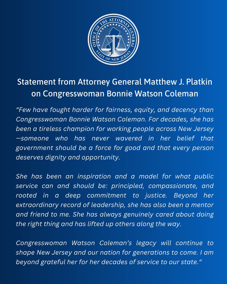 Statement from Attorney General Matthew J. Platkin on Congresswoman Bonnie Watson Coleman.
