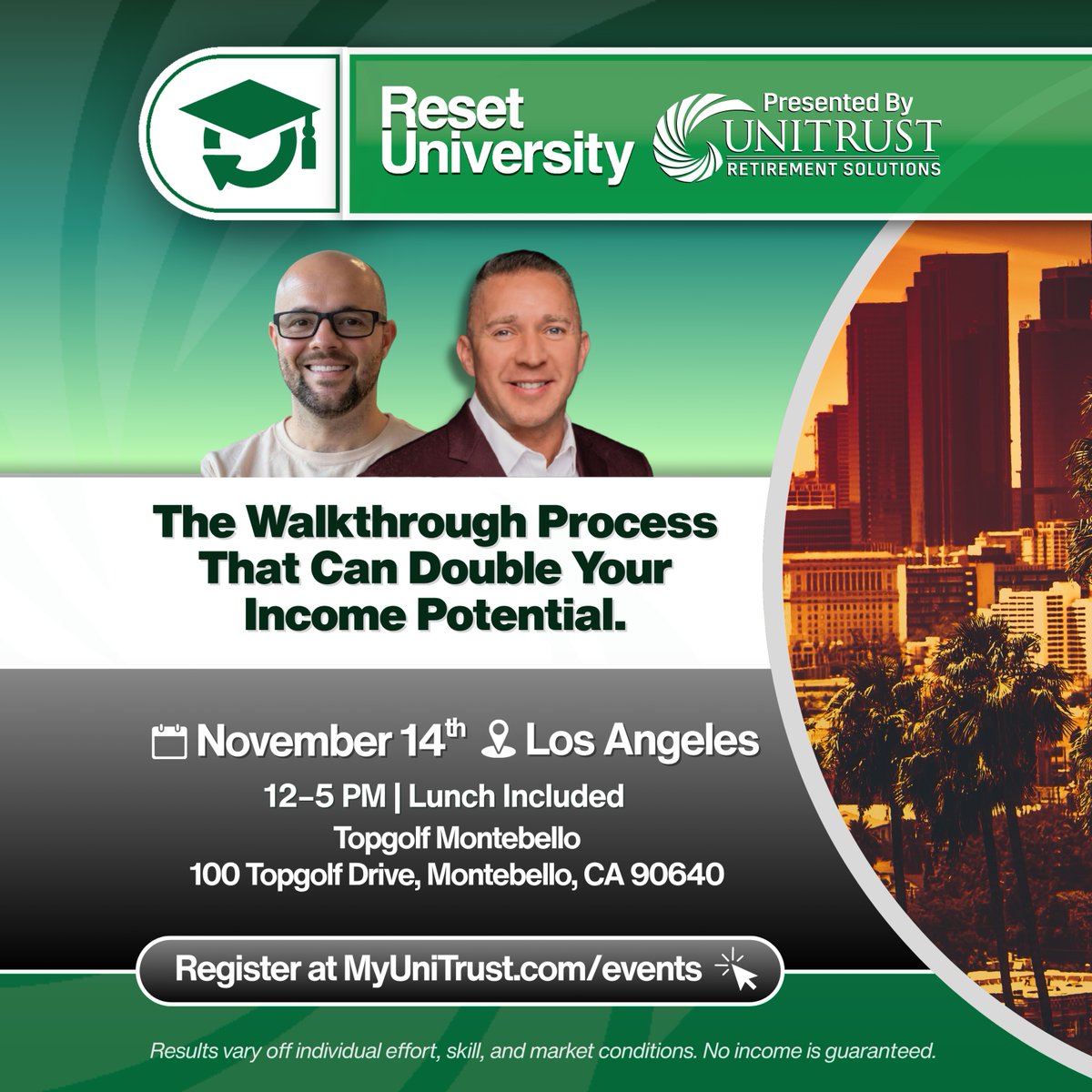 UniTrustLife's tweet image. Join us at Topgolf Montebello from 12–5 PM for training that makes an impact and complementary lunch included. Register now at MyUniTrust.com/events

#UniTrust #ResetUniversity #RetirementSolutions #AgentGrowth #LosAngeles