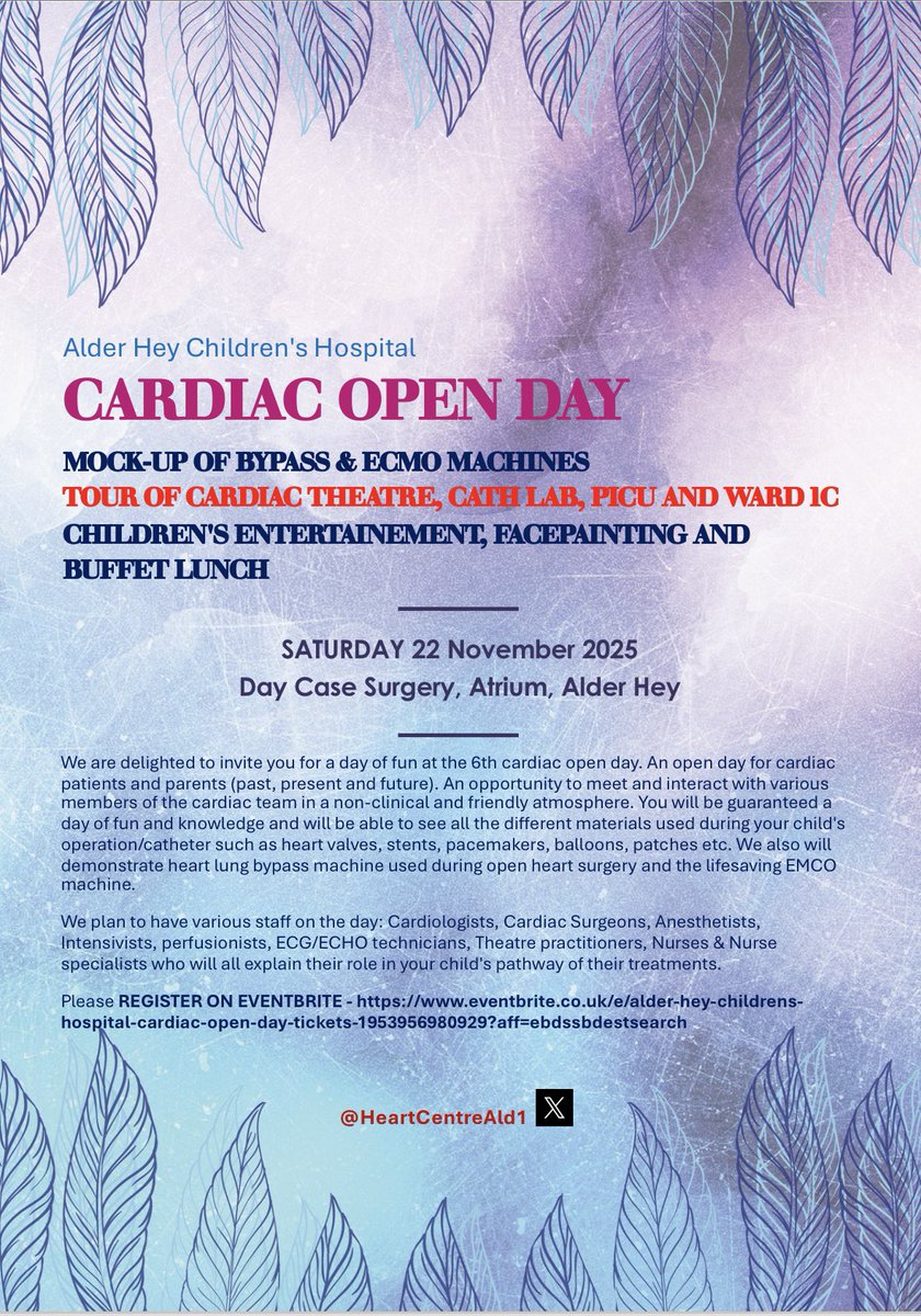 Its back, the 6th ❤️ Cardiac Open Day 💙 at Alder Hey on Saturday the 22nd November for the cardiac children and parents. The doors will be open for children to have education, entertainment and lots of fun. Please register on Eventbrite and please share for cardiac