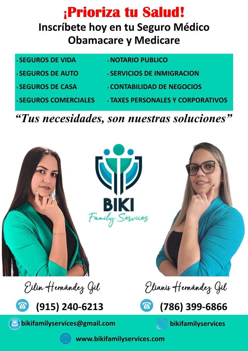 BIKI Family Services ayuda a inscribirse en Obamacare y Medicare, además de ofrecer seguros, contabilidad, taxes e inmigración.
📞 (915) 240-6213 | (786) 399-6866
🌐 bikifamilyservices.com
#Obamacare #Medicare #Seguros #Taxes #Miami