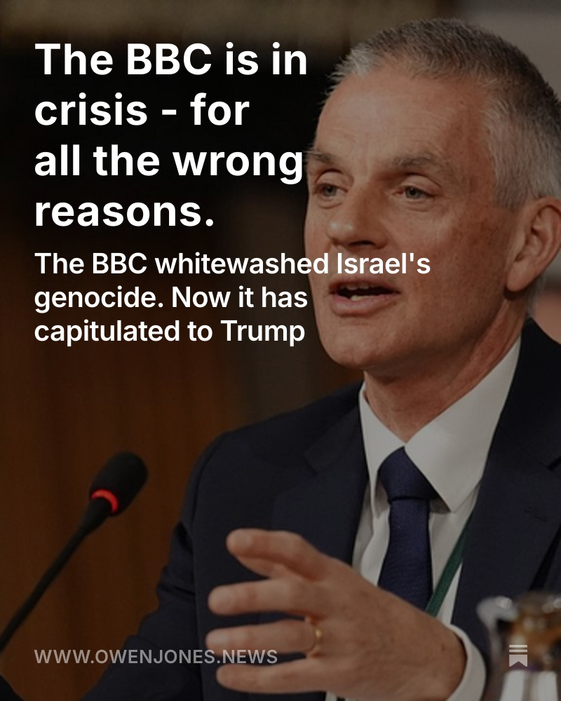 The BBC whitewashed Israel's genocide - and has now capitulated to Donald Trump.

It's in crisis - for all the wrong reasons.

New post 👇

owenjones.news/p/the-bbc-is-i…