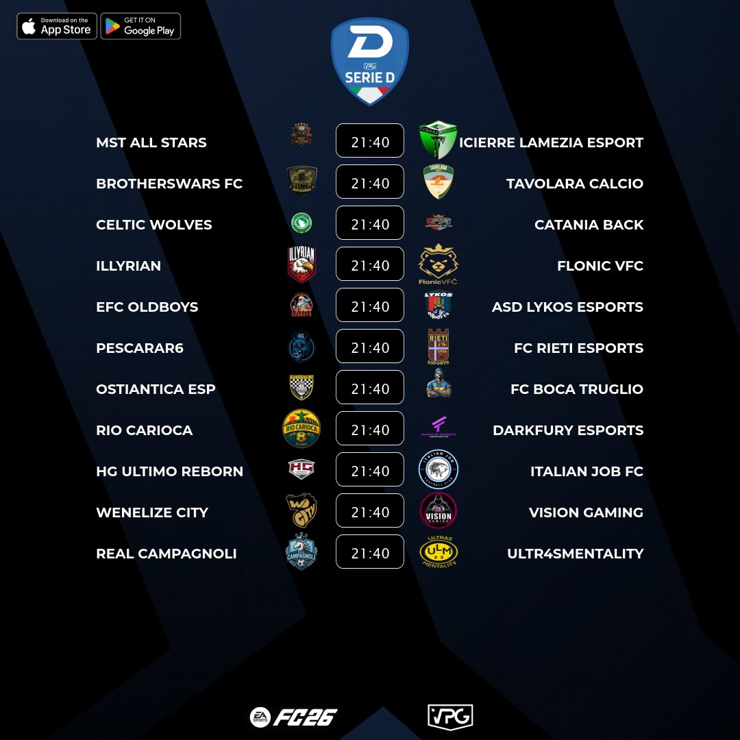 🇮🇹 <a href="/VPGItaly/">Virtual Pro Gaming Italy 🇮🇹</a> Serie D1
⚽️ Match #10
🗓️ 10/11/2025 - 22:40
🖥️ virtualprogaming.com/community/VPG-…

➡️ <a href="/MST_evergreen/">MST ALL STARS_Evergreen</a> 🆚 <a href="/Icierre_Esport/">Icierre Lamezia</a>
➡️ <a href="/BrotherWarsFc/">BrotherWars Fc-Terni FC</a> 🆚 <a href="/tavolaraesport/">tavolaraesport</a>
➡️ <a href="/Celtic_Wolves/">🍀 CELTIC WOLVES 🐺</a> 🆚 <a href="/CataniaBack/">CATANIA BACK</a>
➡️ <a href="/IllyrianVPC/">ɪʟʟʏʀɪᴀɴ</a> 🆚 <a href="/FlonicVFC/">FlonicVFC</a>
➡️ <a href="/efc_oldboys/">EFC Oldboys</a> 🆚 <a href="/ASDLykoseSports/">ASD Lykos eSports</a>
➡️ <a href="/PescaraR6/">PESCARA R6</a> 🆚