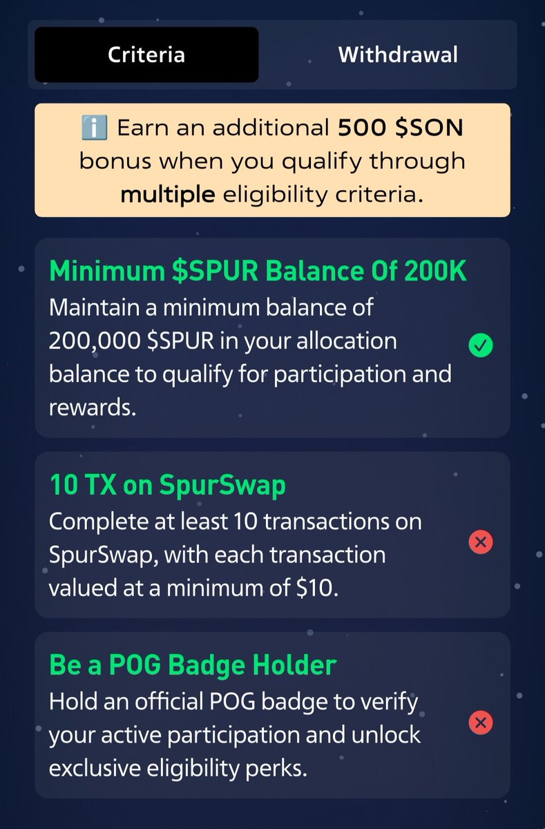 jeskyemma's tweet image. These are criteria to be eligible for spur protocol. When you meet up to any one of the criteria you will be eligible. 
#SpurProtocol #Airdrops #Crypto