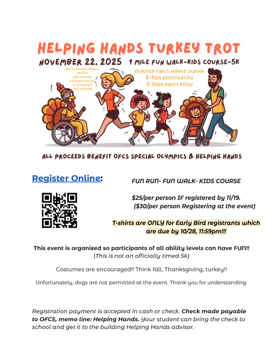 OFHelpingHands's tweet image. Gobble up the fun! Join us for the Helping Hands Turkey Trot on Nov 22—Every step at the Helping Hands Turkey Trot supports OFCS Special Olympics &amp;amp; Helping Hands! 🦃👟